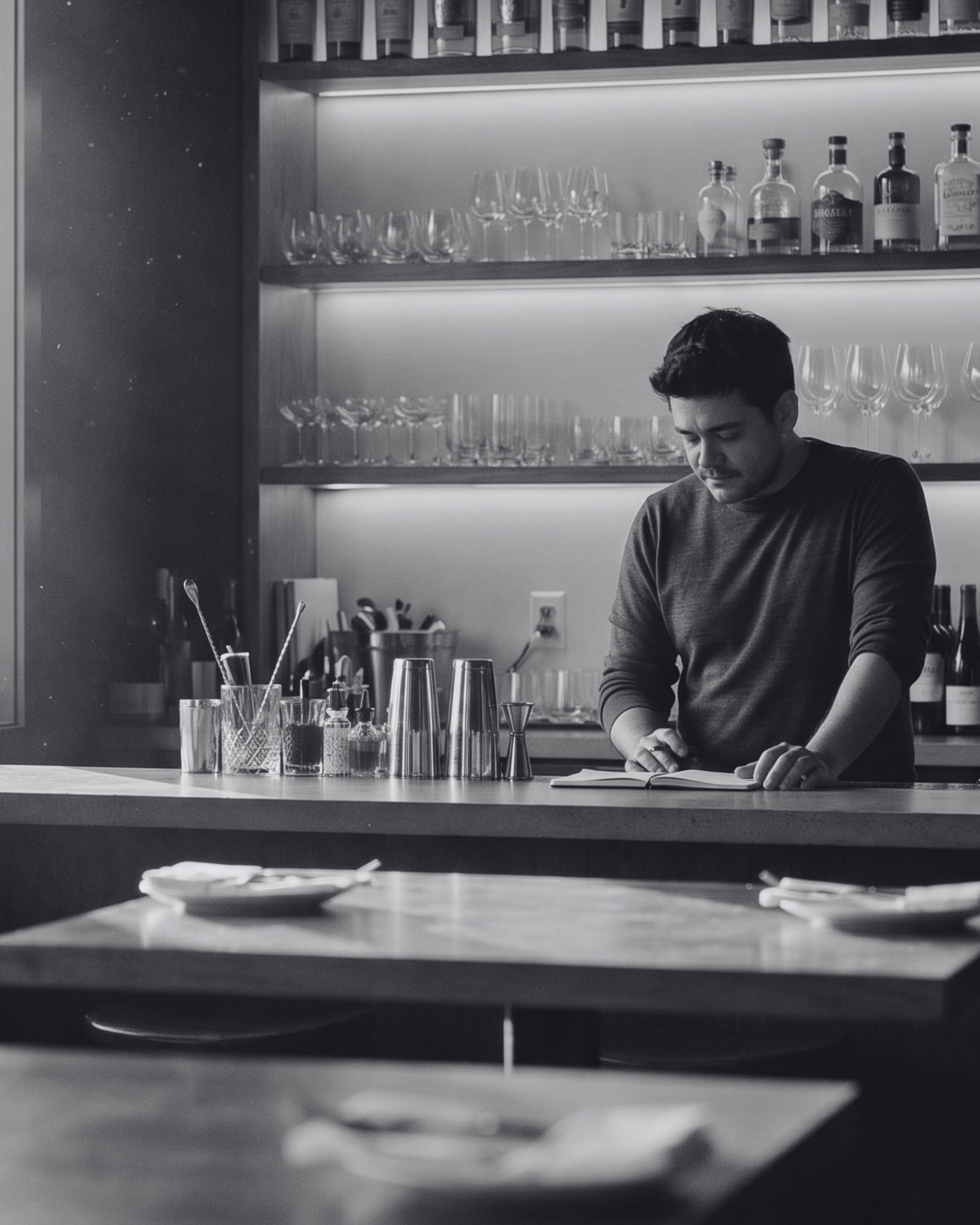 Rodrigo behind a bar, leaning over a notebook in soft window light