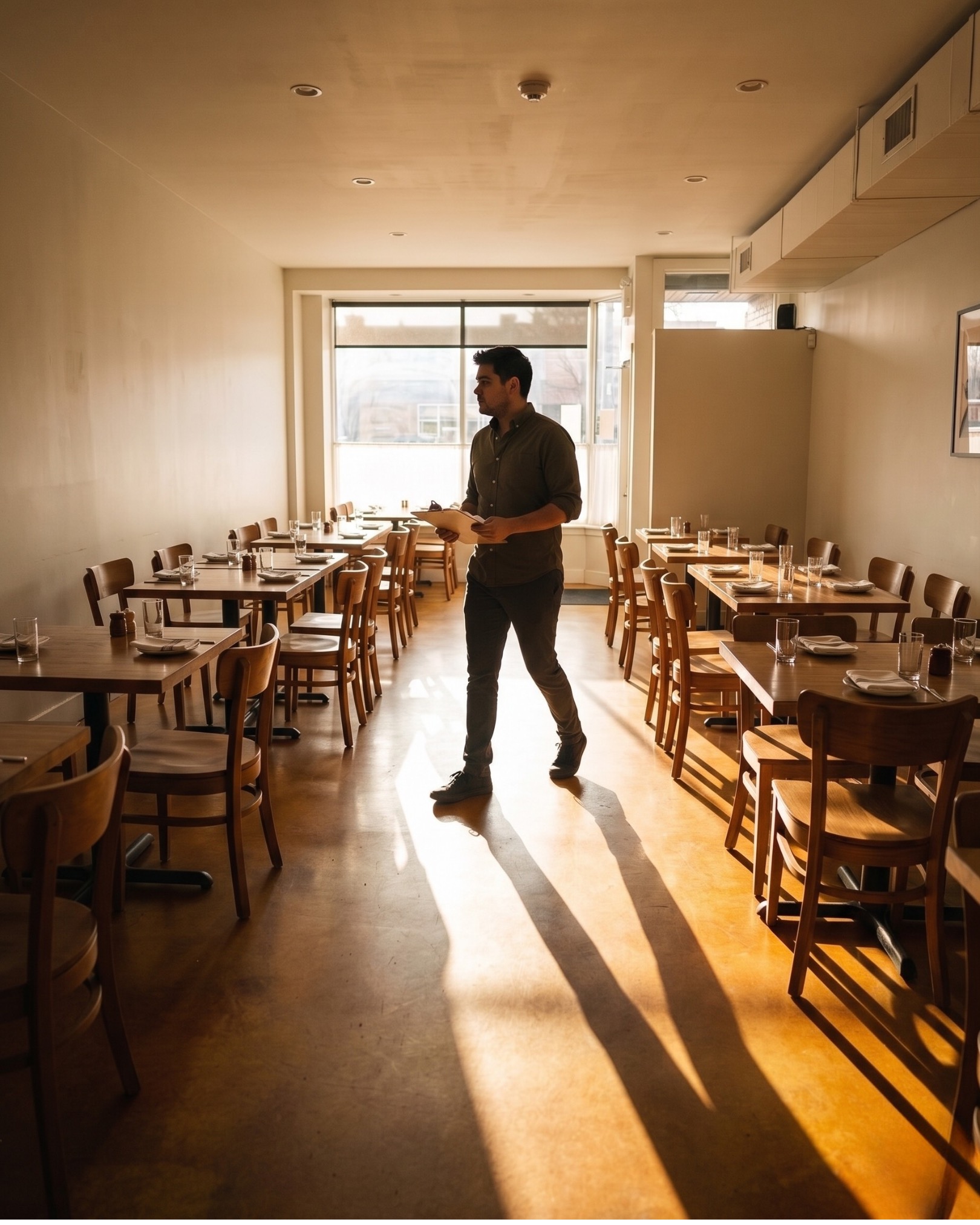 Rodrigo walking through an empty restaurant dining room mid-afternoon, sun streaming through the front window