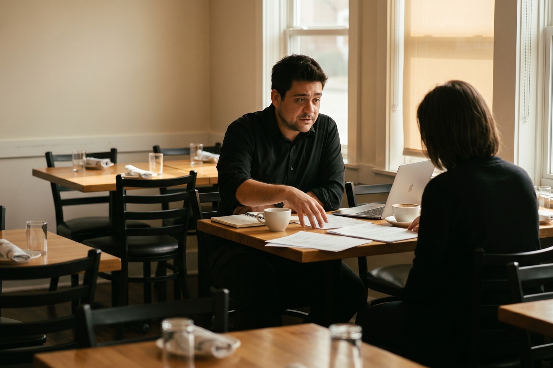 Rodrigo at a restaurant table mid-conversation, papers and a laptop spread between them