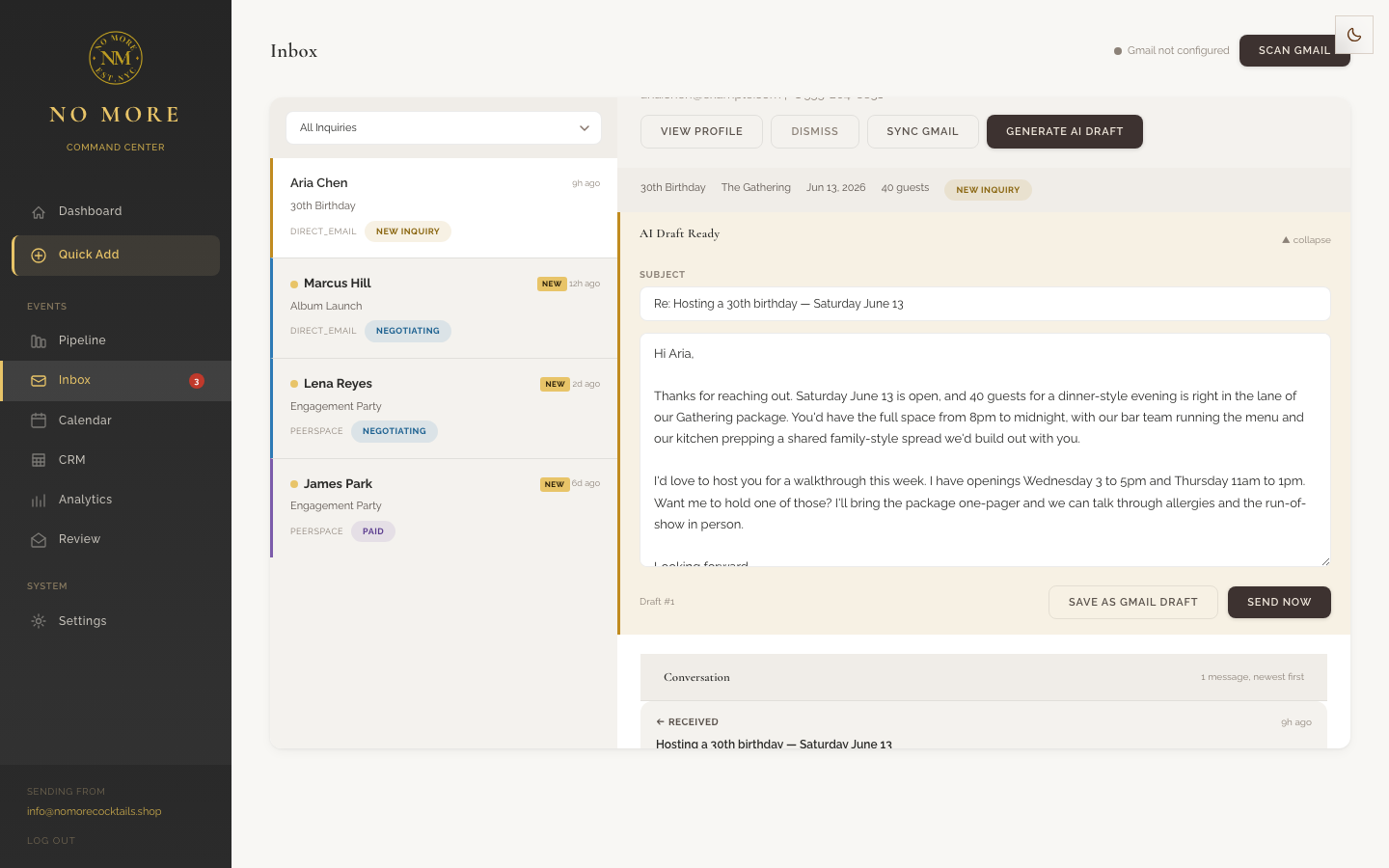 Inbox view with the AI draft ready to review and send.