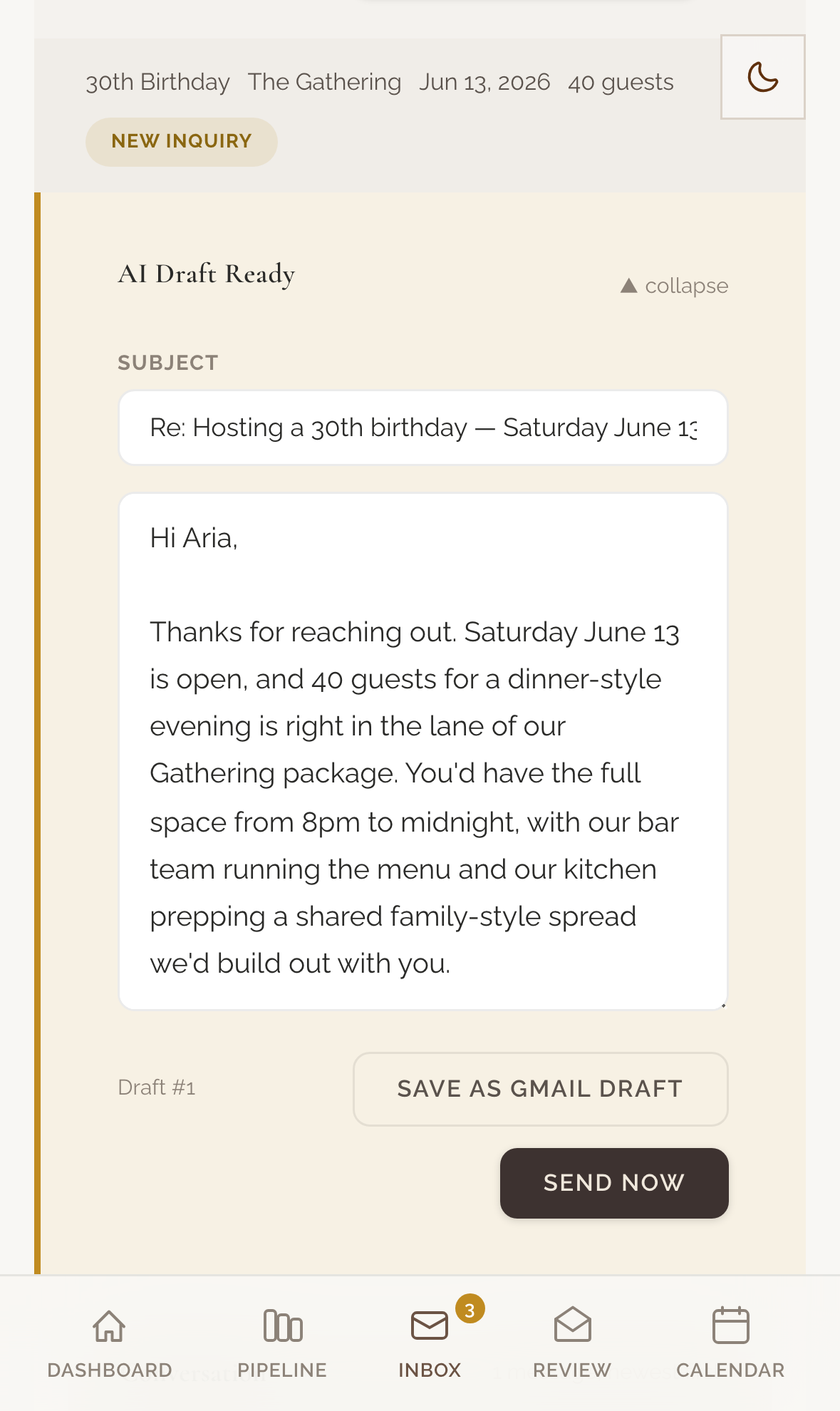 The inbox view on a phone with the AI draft expanded.
