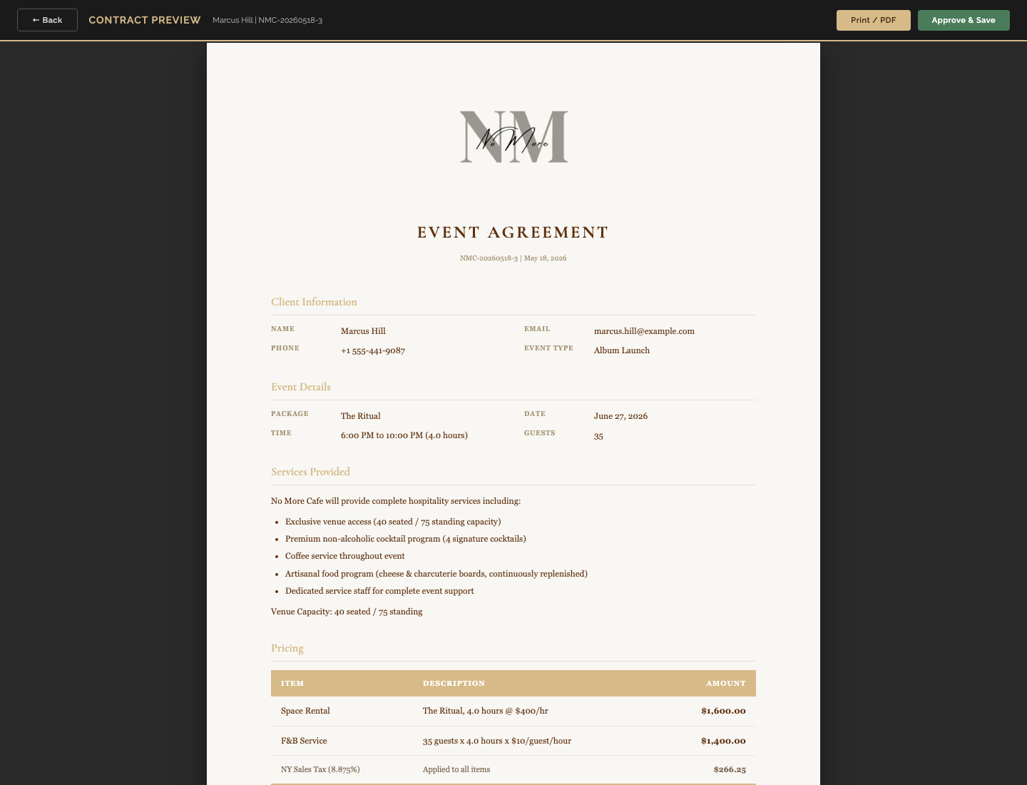 Contract preview with No More branding.