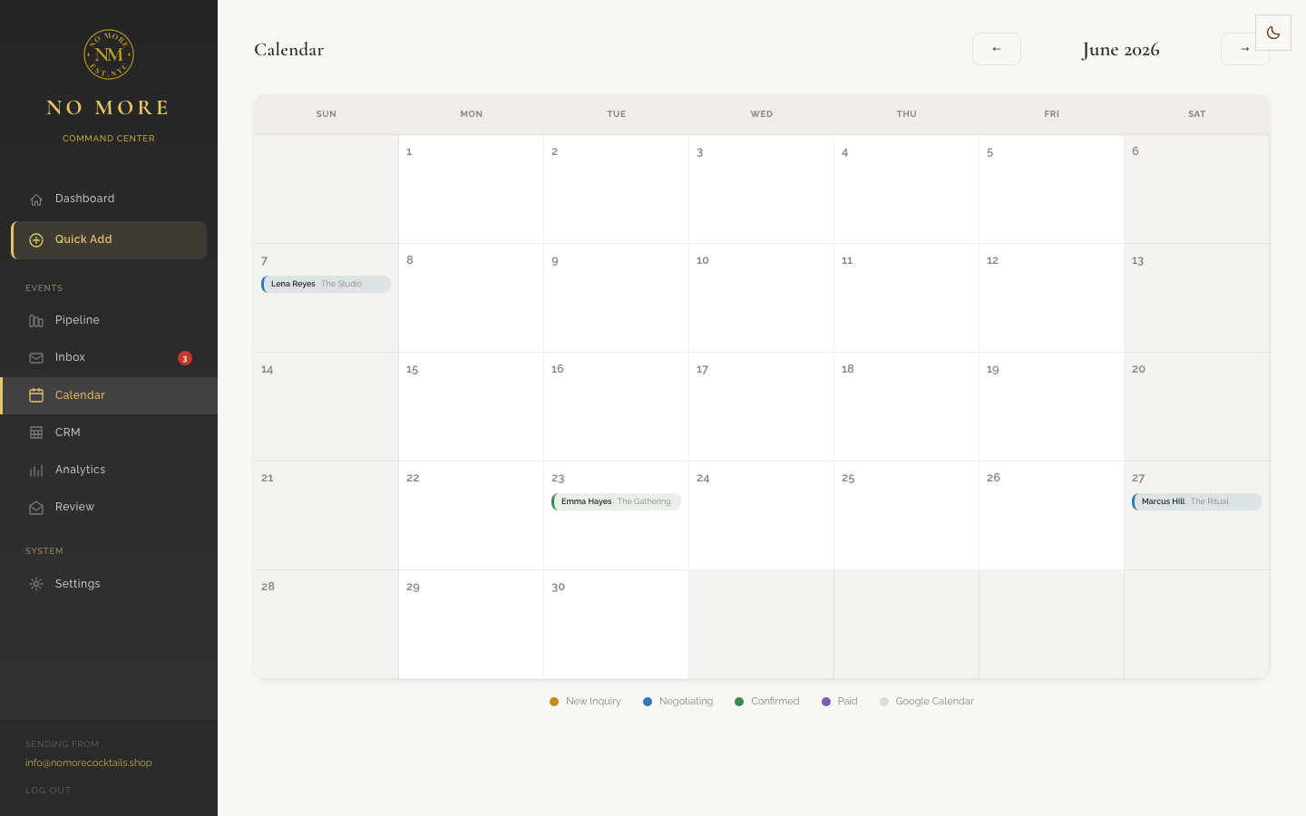 Calendar view with the month's events plotted by stage.